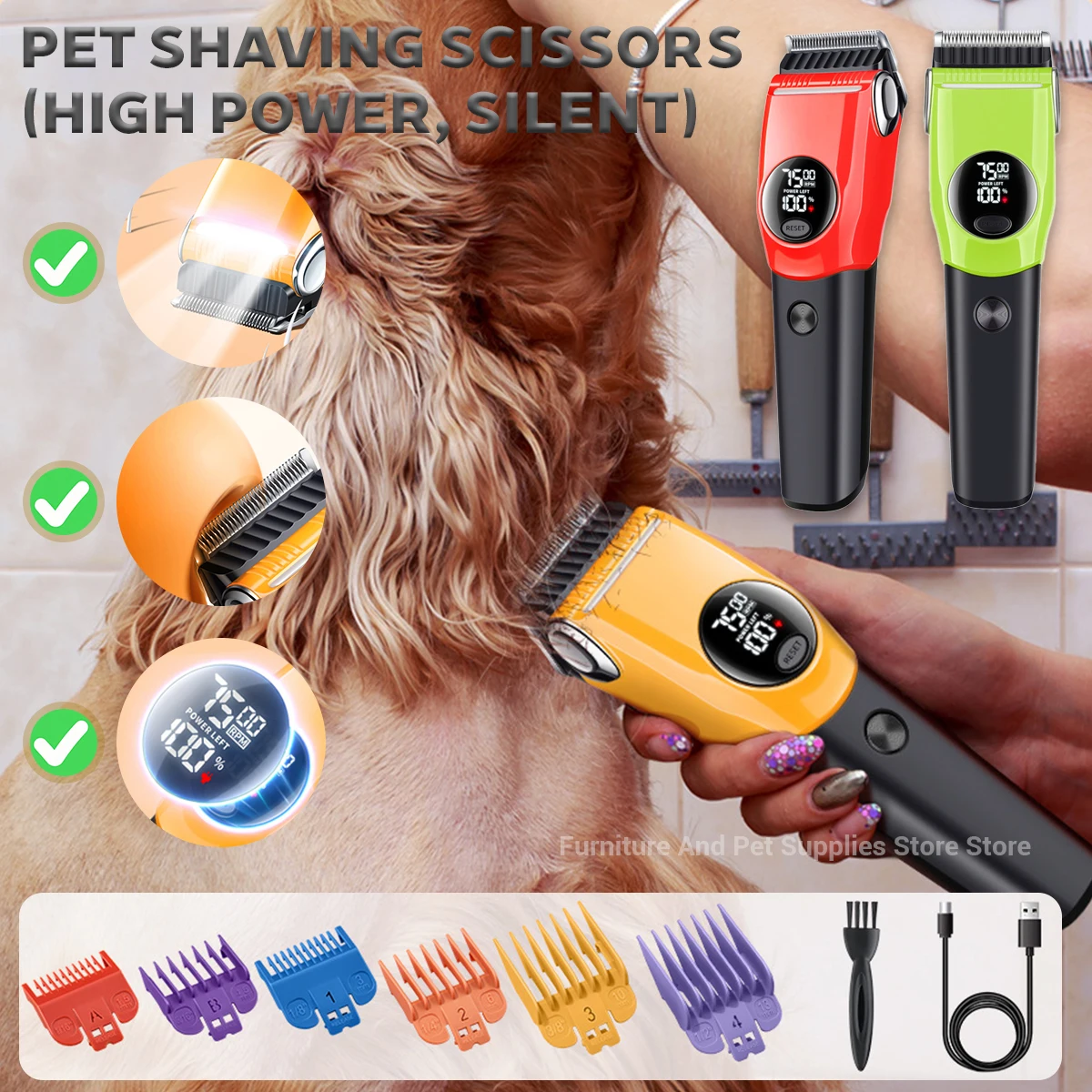 Cordless Dog Clippers Low Noise Grooming - Electric Dogs Grooming Clipper Professional Hair