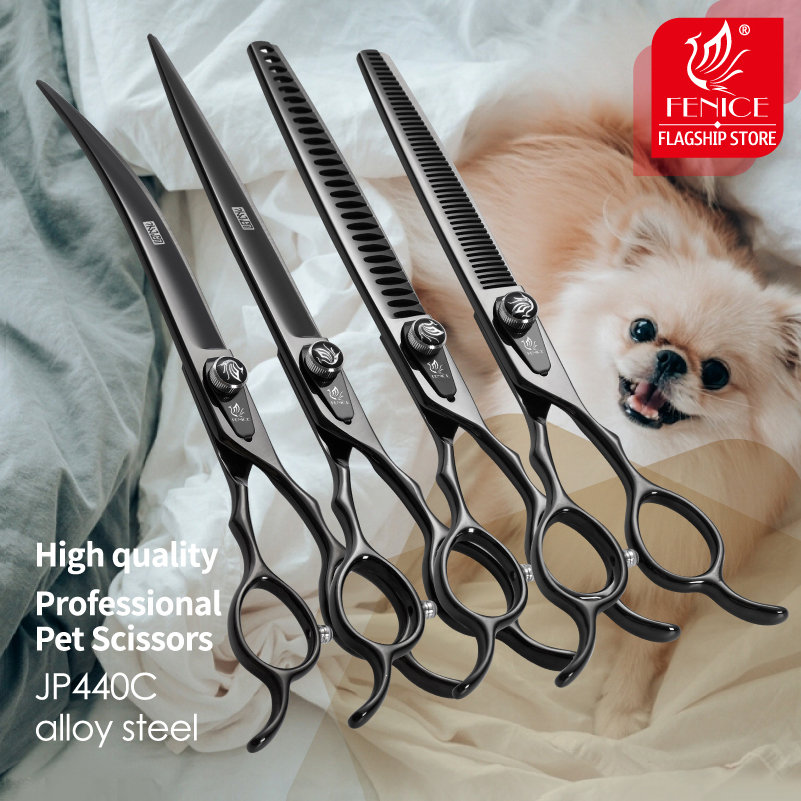 Professional Pet Grooming Scissors Curved - Fenice JP440C Steel Professional Black Canine