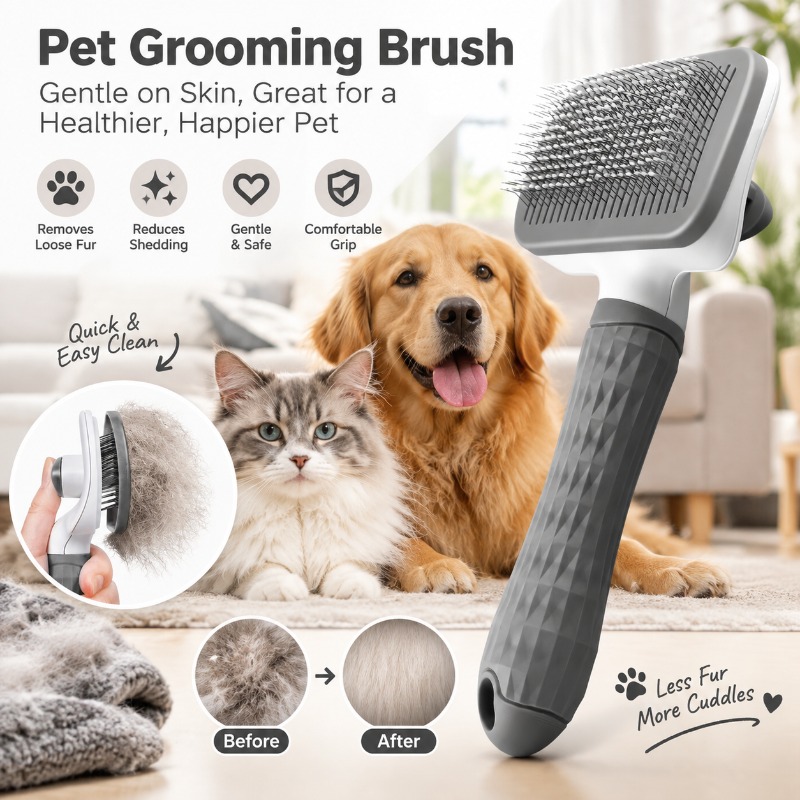Slicker Brush Self Cleaning Pet Grooming - Self Cleaning Pet Grooming Brush, One