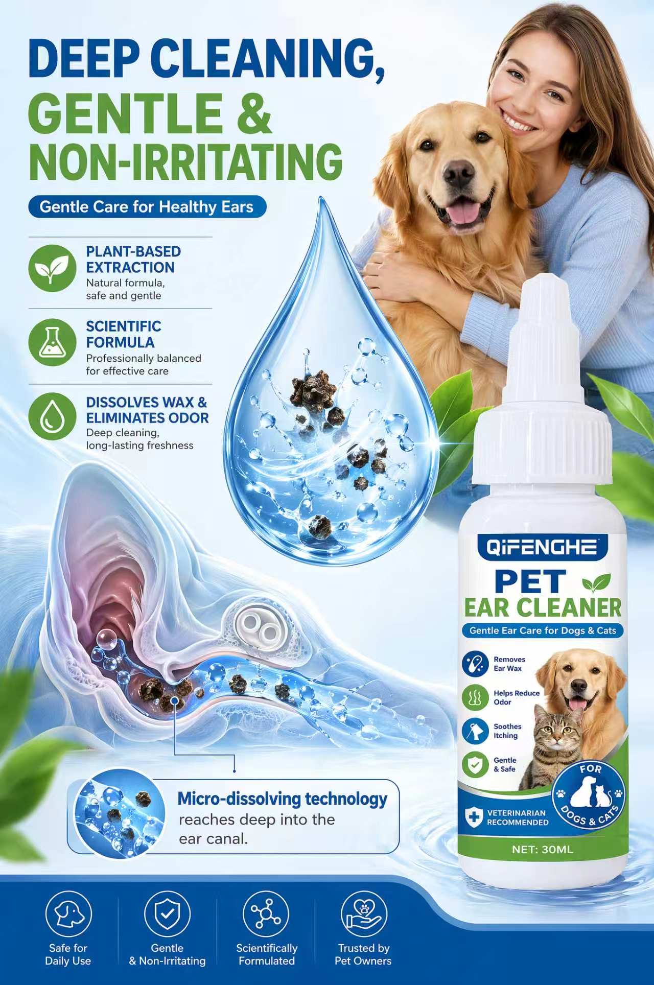 30ml Pet Ear Cleaner Drops for - Dog Ear Cleaner Solution Drops Wash 评论和价格